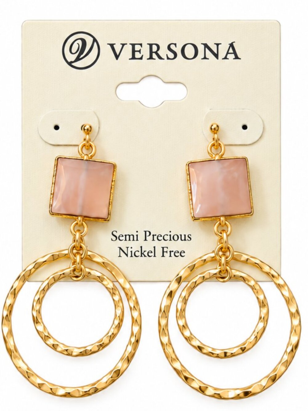 Versona Rose Quartz Blush Square Drop Hoop Earrings